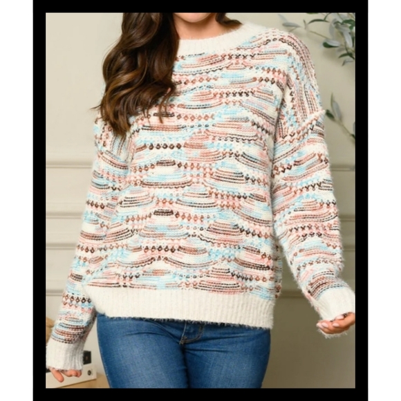 5⭐Fuzzy white boho multi print oversized chunky knit pullover crew neck sweater - Picture 6 of 11